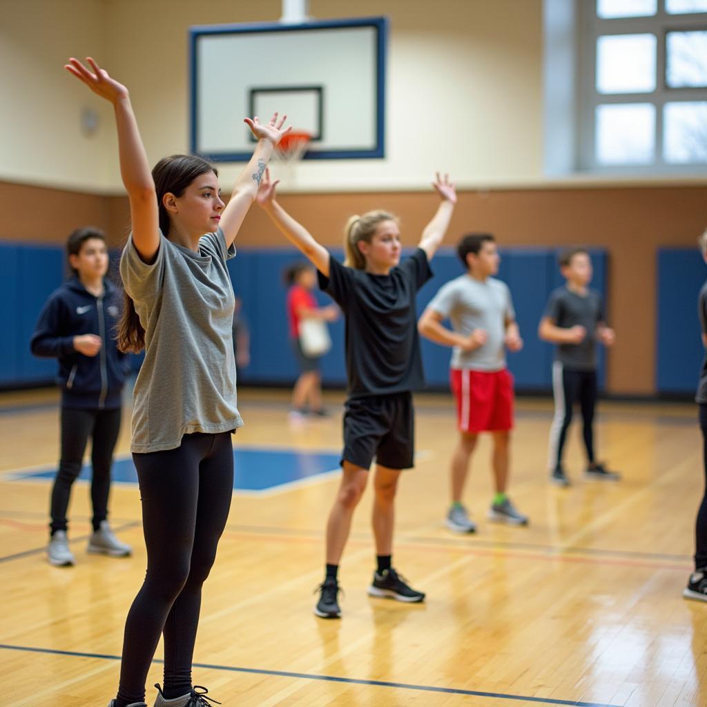 Students exercising in modern school gymnasium