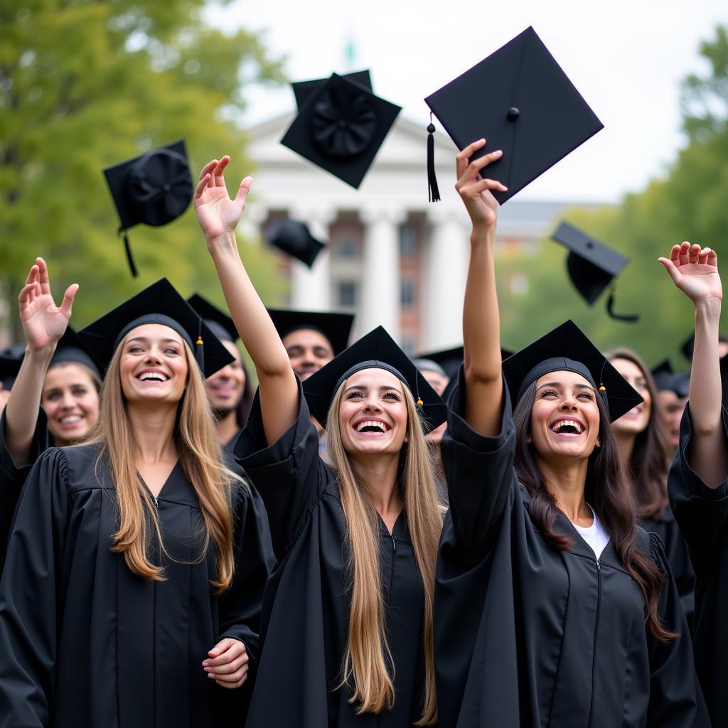 Diverse group of happy students in graduation gowns celebrating academic achievement and equal higher education access.