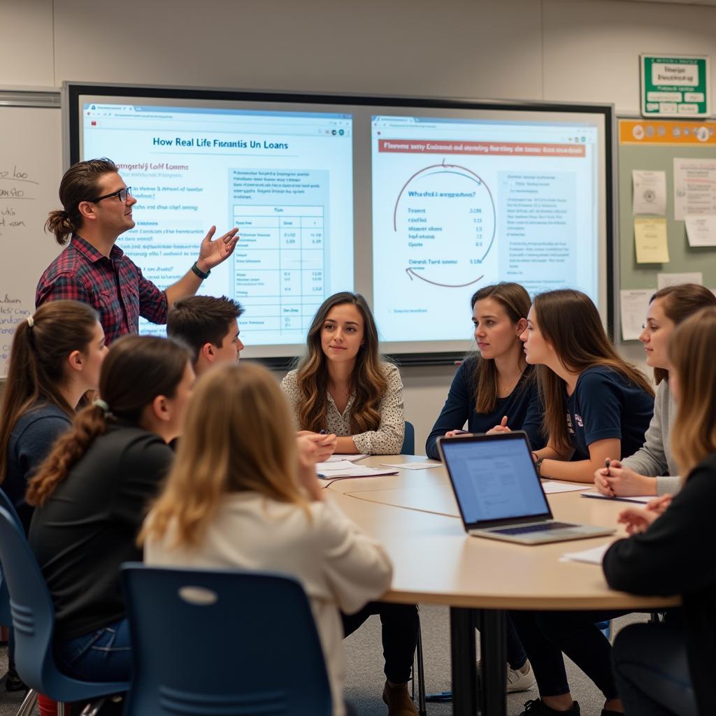 Students learning practical finance for real life: bills, taxes, loans in high school classroom.