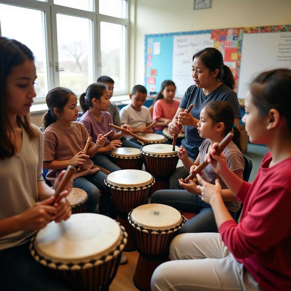 Students learning traditional instruments in class, fostering cultural music preservation and knowledge transfer.