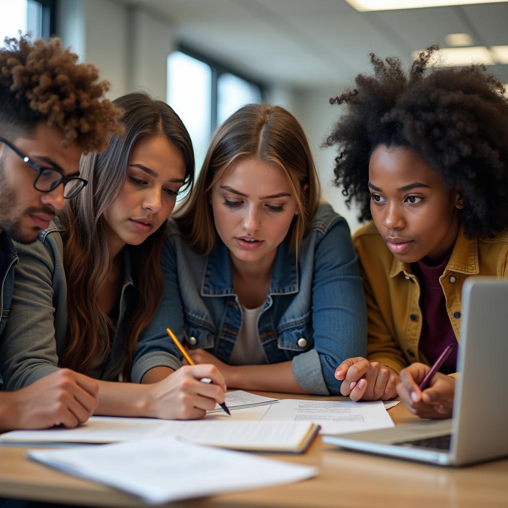 Diverse students demonstrate teamwork and collaboration on a critical university project to meet a deadline.
