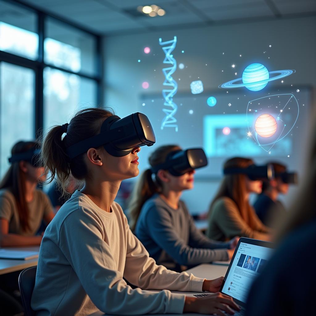 Students using virtual reality headsets in a science classroom to visualize complex scientific concepts and engage with immersive environments.