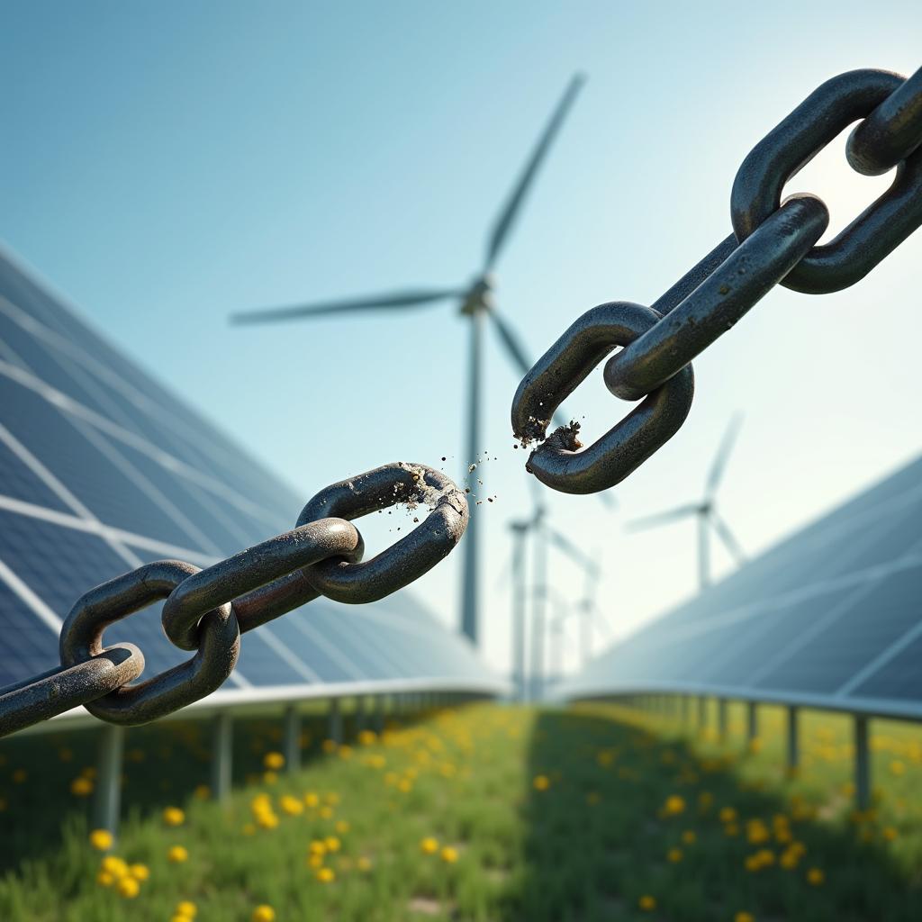 Illustration of broken supply chain impacting renewable energy sources like solar and wind power.