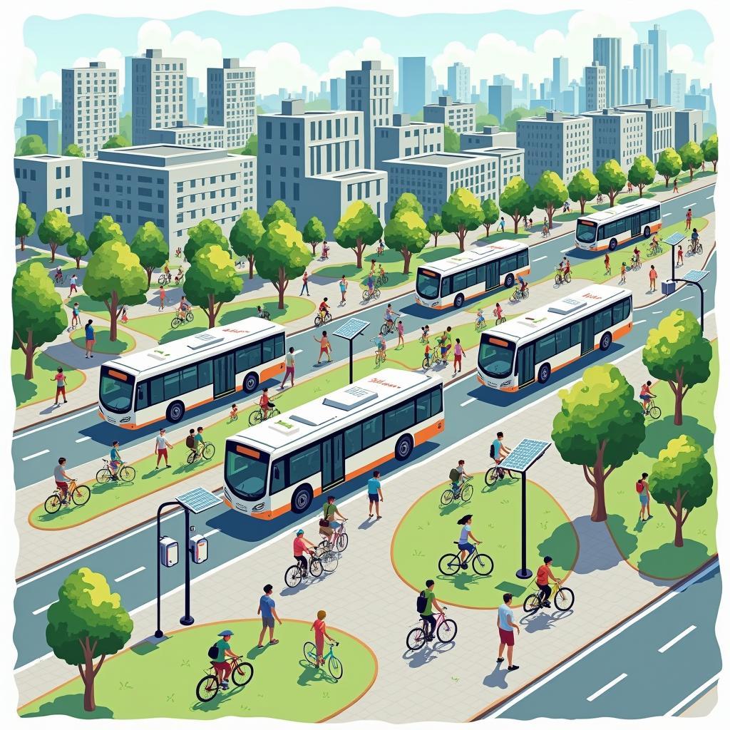 Sustainable urban transport solutions: electric buses, bike lanes, and green mobility options in a bustling city.