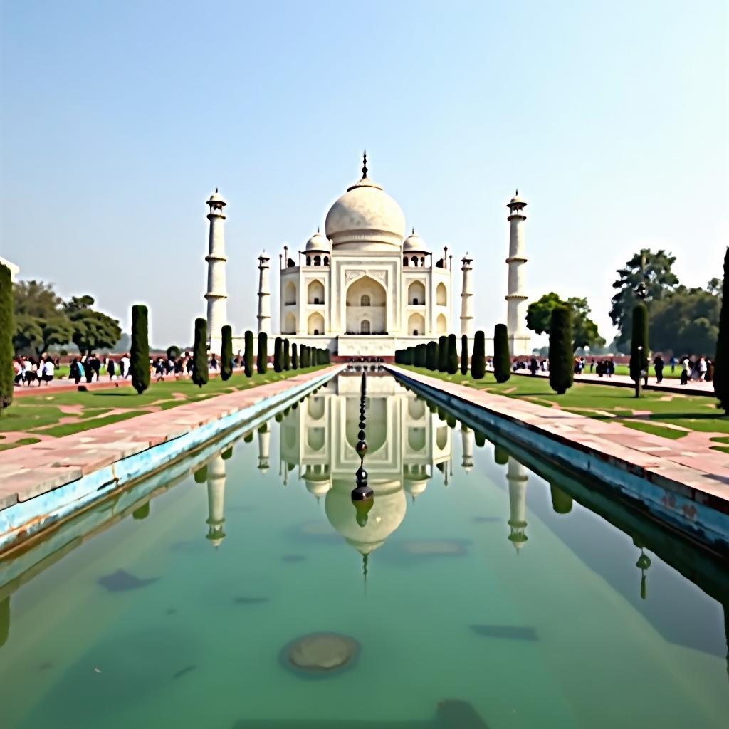 Visitor admiring the magnificent Taj Mahal in Agra, India, a famous historical landmark.