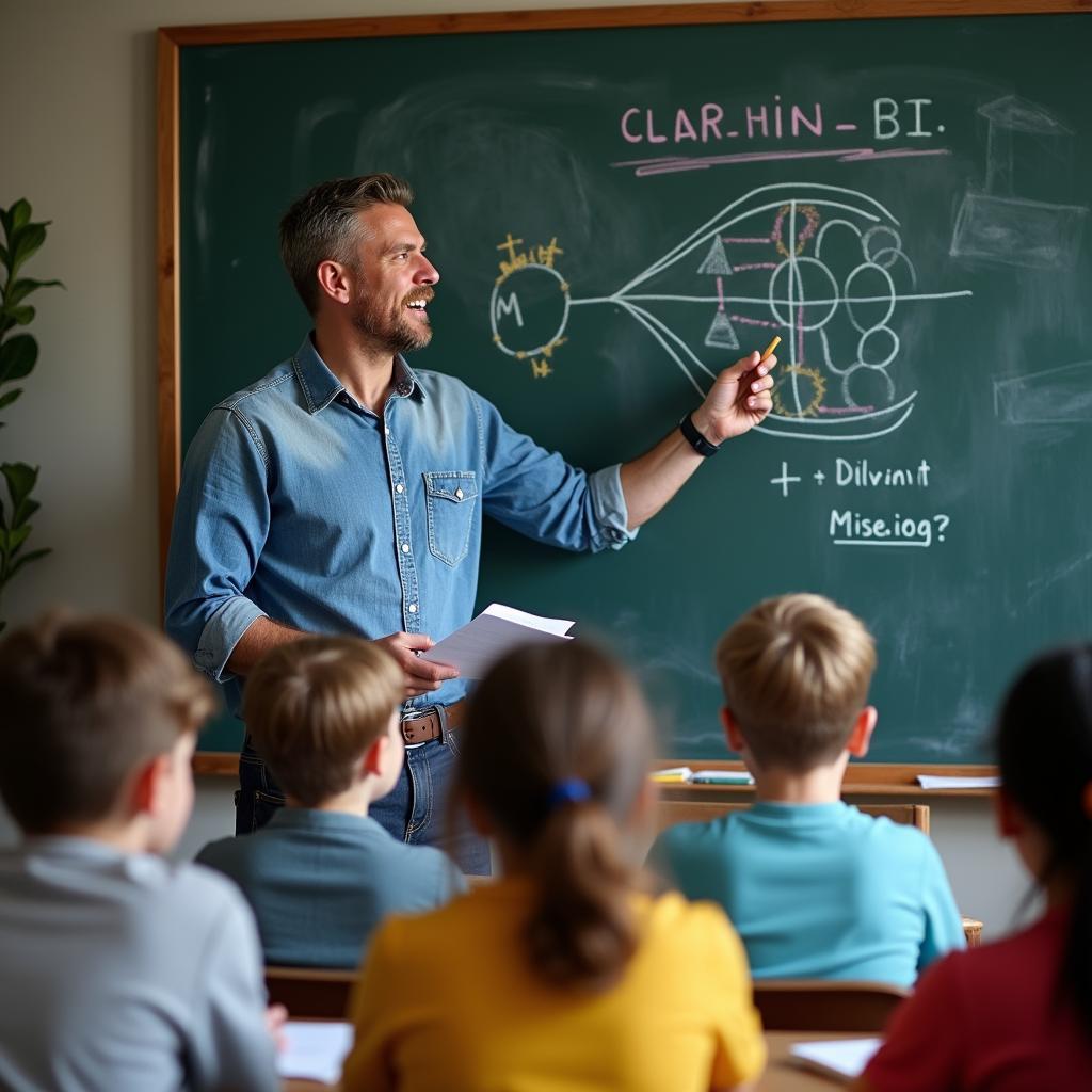 Enthusiastic physics teacher explaining complex concepts on blackboard to engaged students using colorful chalk.