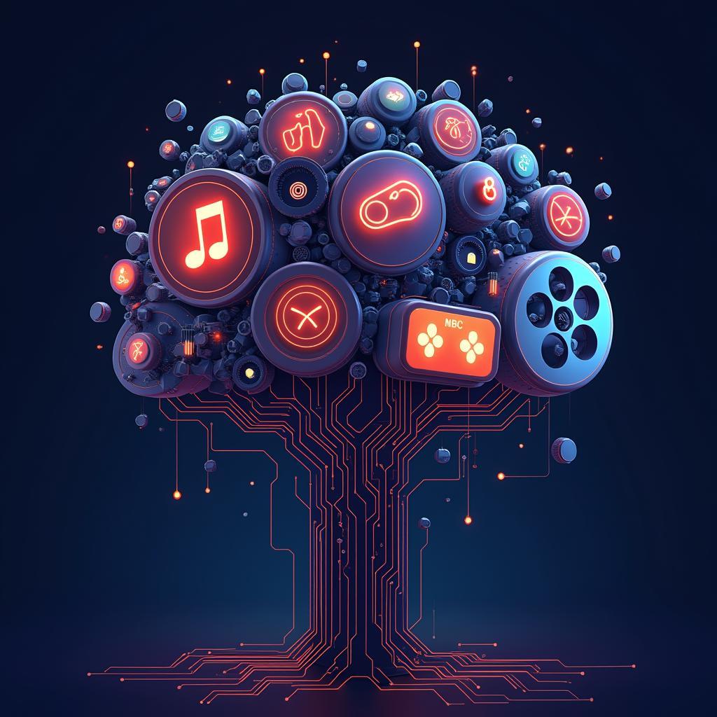 Conceptual illustration of entertainment icons merging with digital networks, symbolizing technology transforming the entertainment industry.