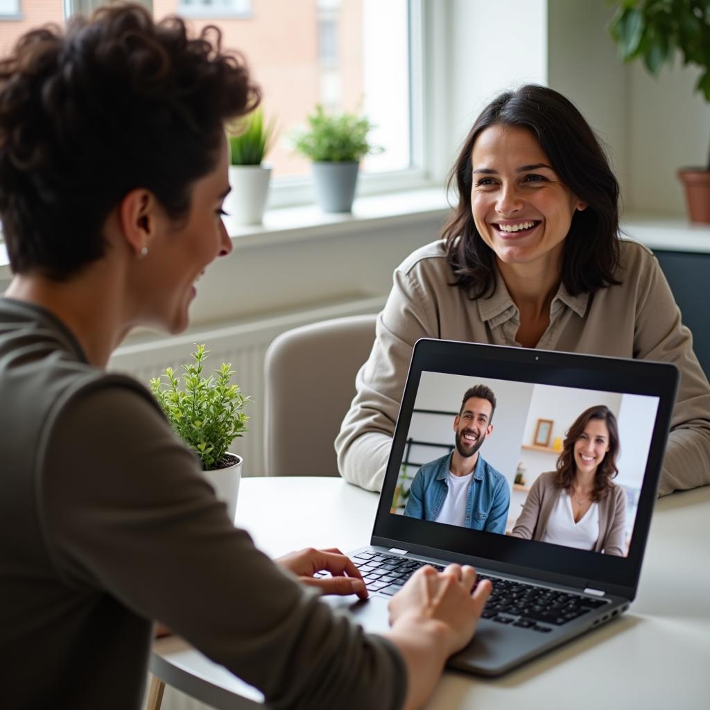 Telehealth session: patient on laptop video call with therapist for remote mental health support access.