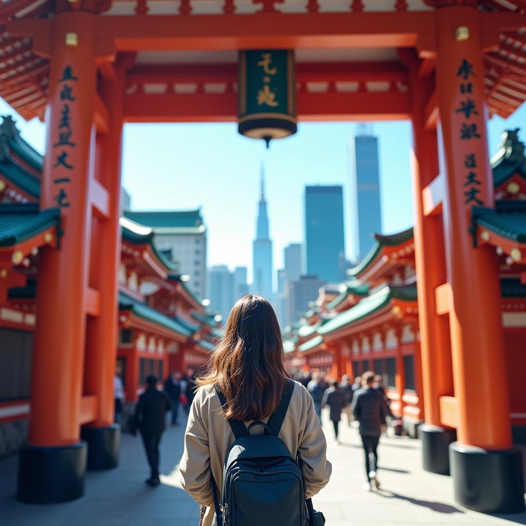 Tourist at traditional Japanese shrine, modern Tokyo cityscape behind, symbolizing cultural experience and broadening horizons.