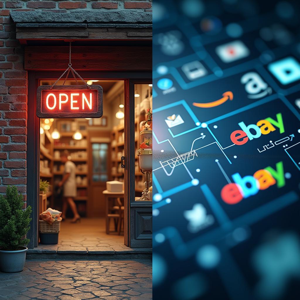 Illustration depicting the evolution from traditional brick-and-mortar retail to modern global e-commerce digital platforms.