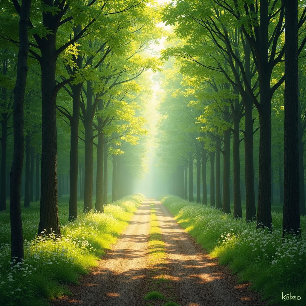 A serene forest path with sunlight filtering through trees, symbolizing a rejuvenating escape into nature for unwinding.