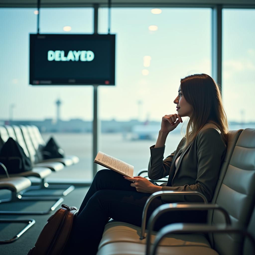 Traveler practicing patience and adaptability during an unexpected airport flight delay for IELTS speaking topic.