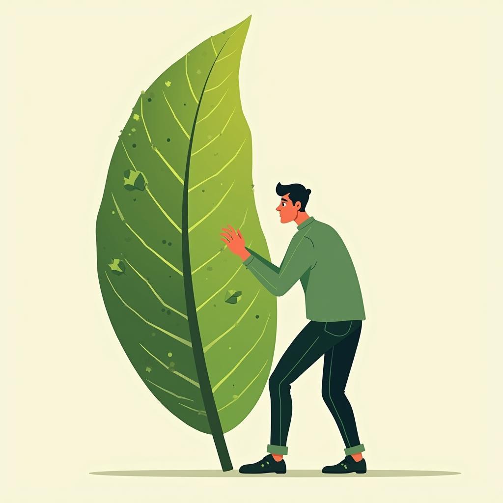 Person turning over a large green leaf symbolizing a fresh start and positive personal changes.