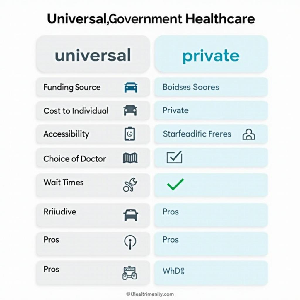 Chart comparing pros and cons: universal government healthcare vs private systems for citizens.