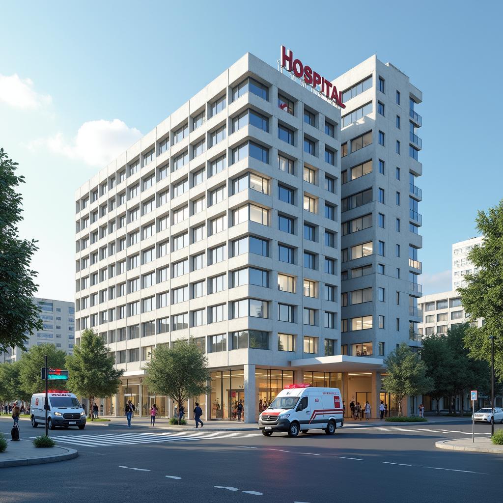 Modern urban hospital symbolizing improved healthcare access and facilities due to urbanization.