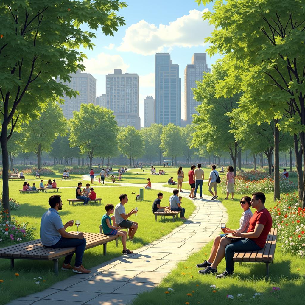 Well-designed urban public park with diverse people interacting, promoting community and well-being.