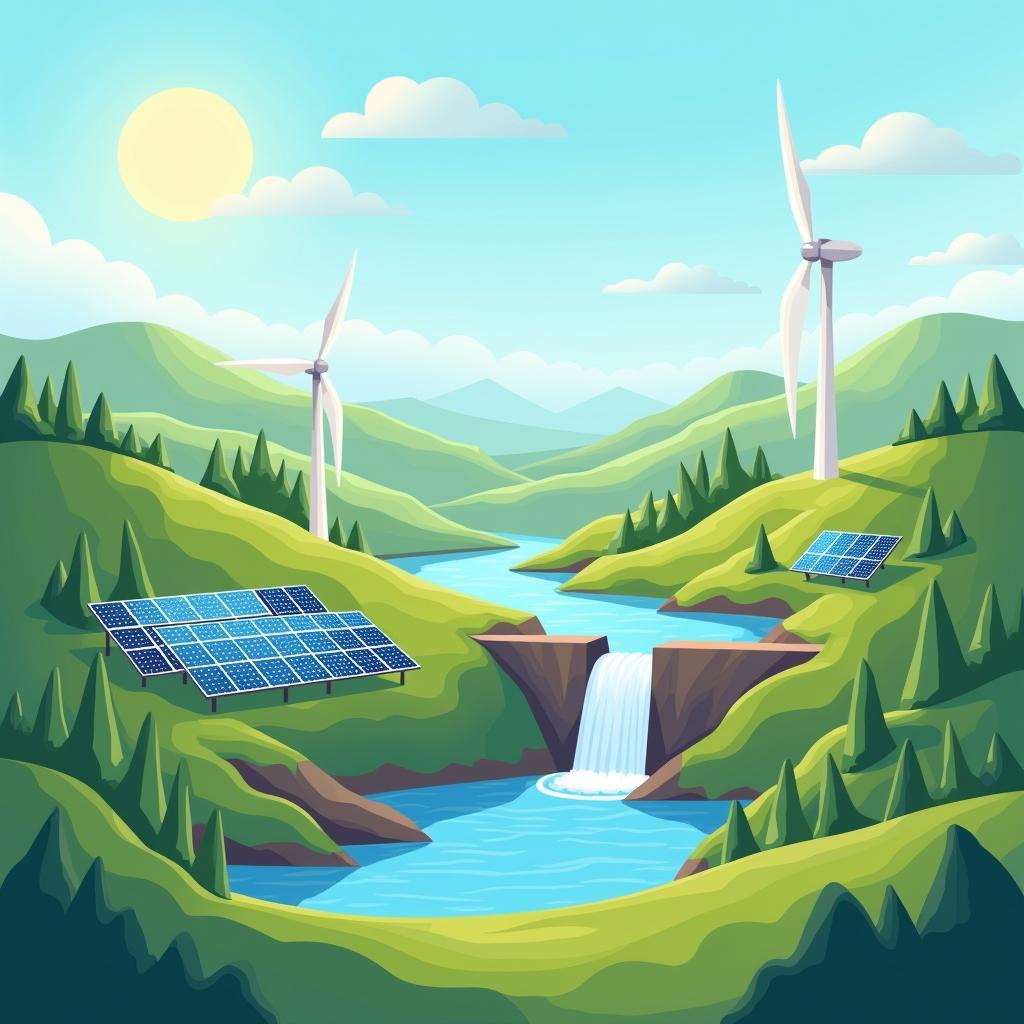 Renewable energy sources: solar panels, wind turbines, hydropower dams in a picturesque natural setting.