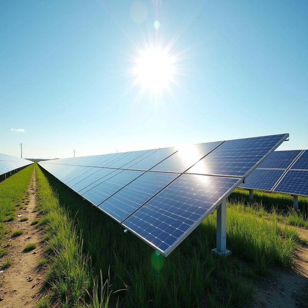 Expansive solar panel field showcasing renewable energy generation technology under a bright sunny sky promoting sustainability.