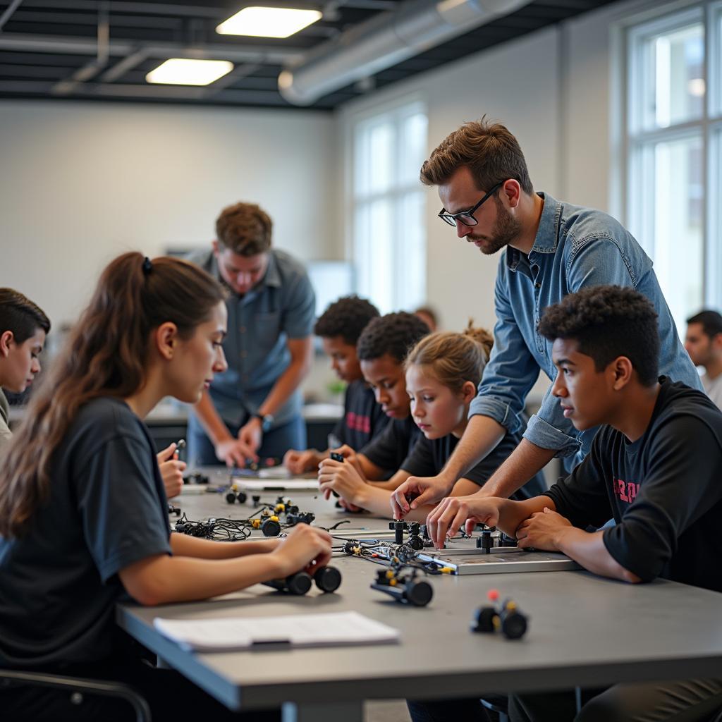 Students learning practical skills in vocational training classroom