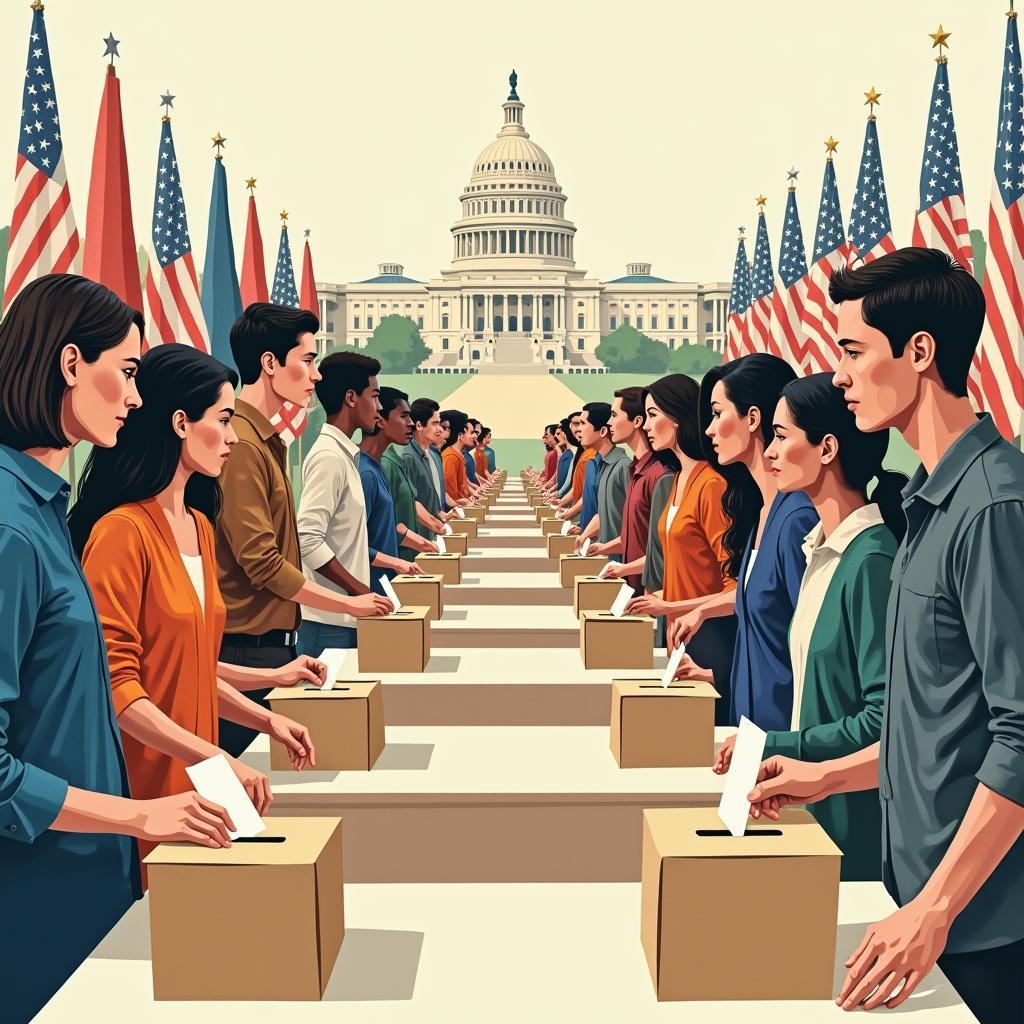 The role of voting in maintaining democratic principles illustrated through ballot boxes and voters