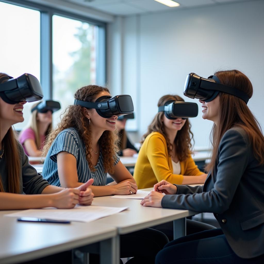 Students using virtual reality headsets in modern classroom setting