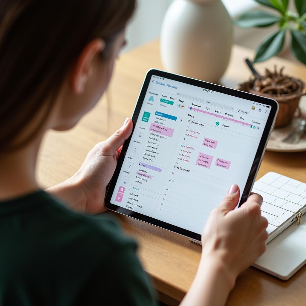 Woman skillfully organizes schedule on digital planner, uses color-coding and reminders for effective time management.