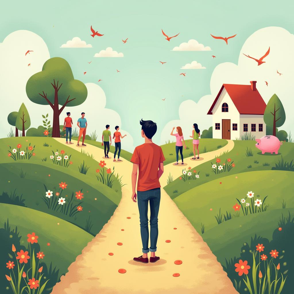 Young adults at a crossroads, choosing between present life enjoyment and future early financial security.