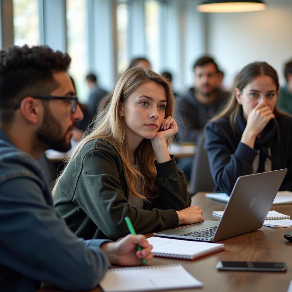 Young adults discuss mental health challenges, support, and IELTS preparation in a common room.