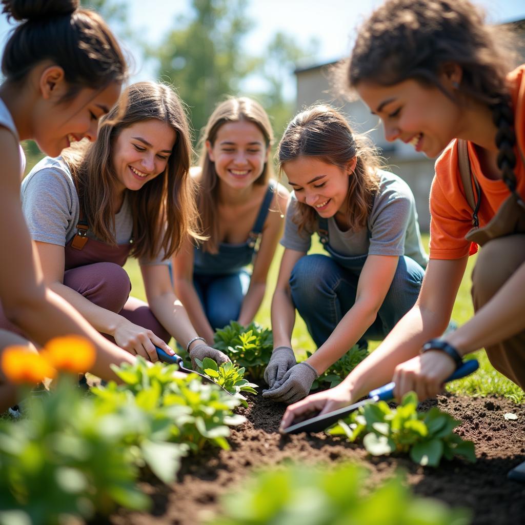 Diverse young people volunteering together in sunny community garden planting flowers