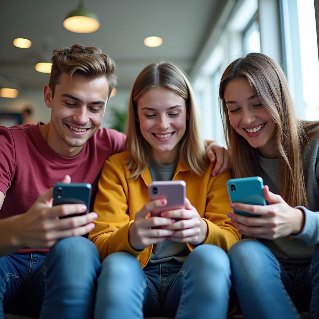 Diverse teenagers actively using social media apps on smartphones, illustrating youth digital interaction trends.