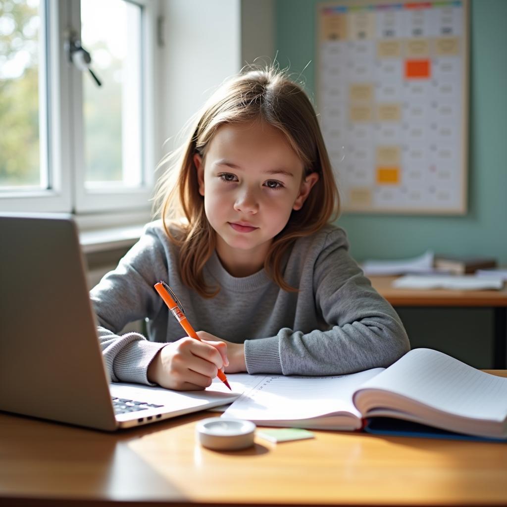 A student writing homework to reinforce learning objectives, showing time management and study skills