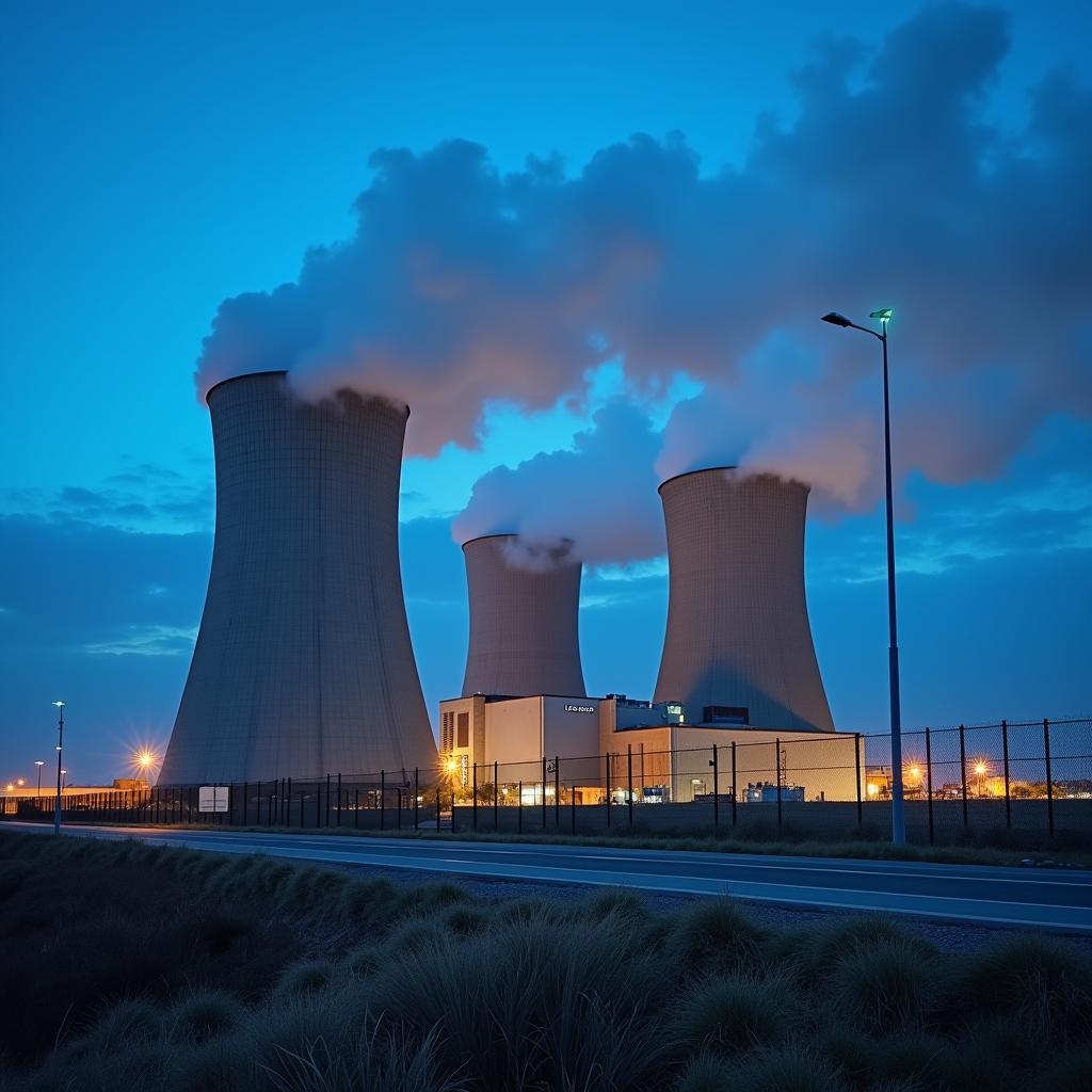 Modern nuclear power plant with cooling towers illustrating IELTS Writing Task 2 energy topic