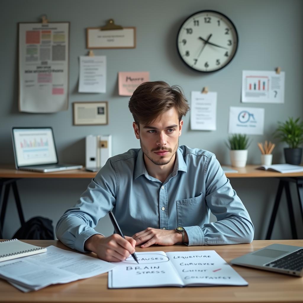 IELTS stress and health topic shown through workplace scene and essay planning