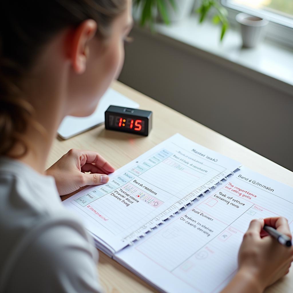 IELTS student setting goals and planning essays with timers and checklists